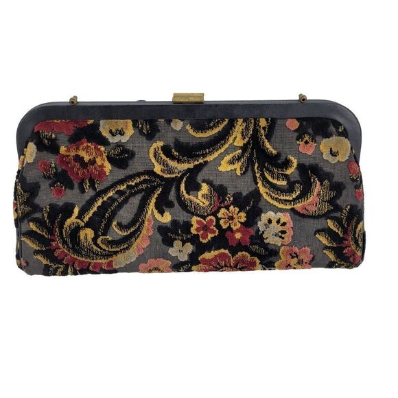 Vintage 60s Verdi Tapestry Carpet Bag Clutch Black 3D Embroidered Floral Framed - Picture 1 of 13